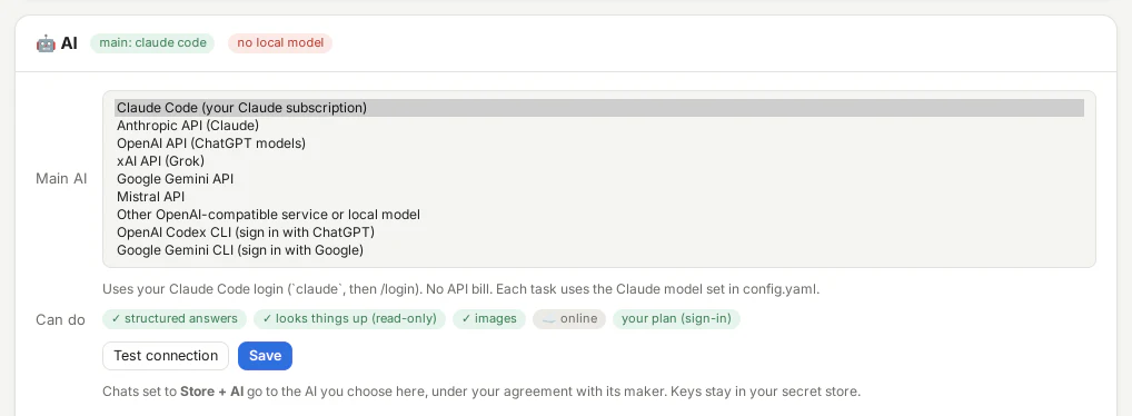 The AI card in ChatPilot with the list of main AIs open, and the chips for what the chosen AI can do: structured answers, looks things up, images, online, your plan.