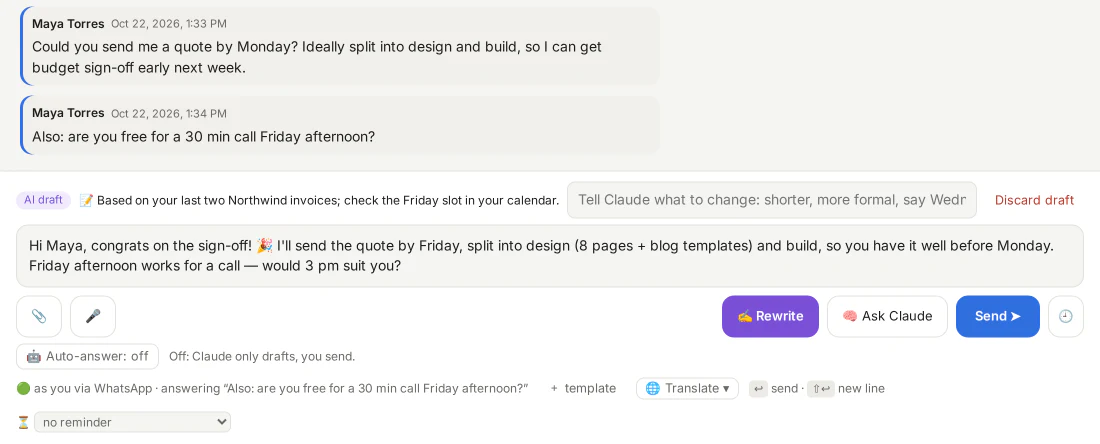 A chat with a draft reply from Claude ready to edit.