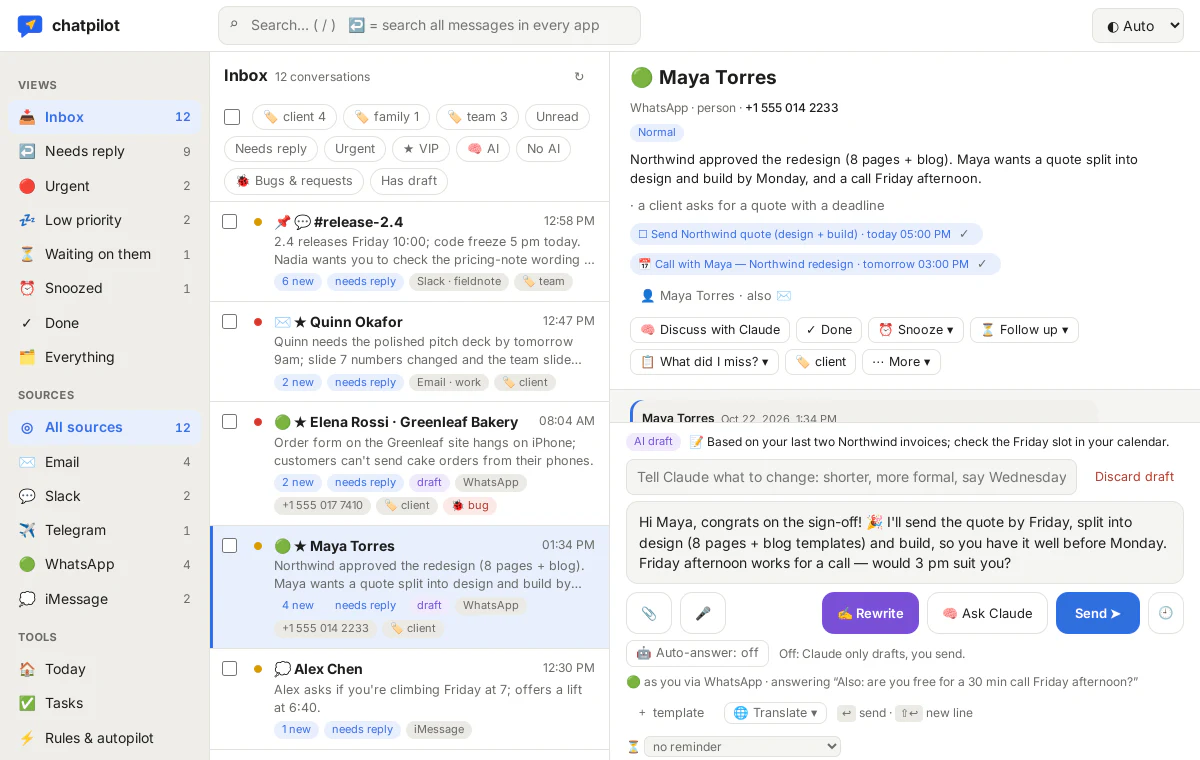 The ChatPilot inbox with chats from several apps, each sorted and summarised.