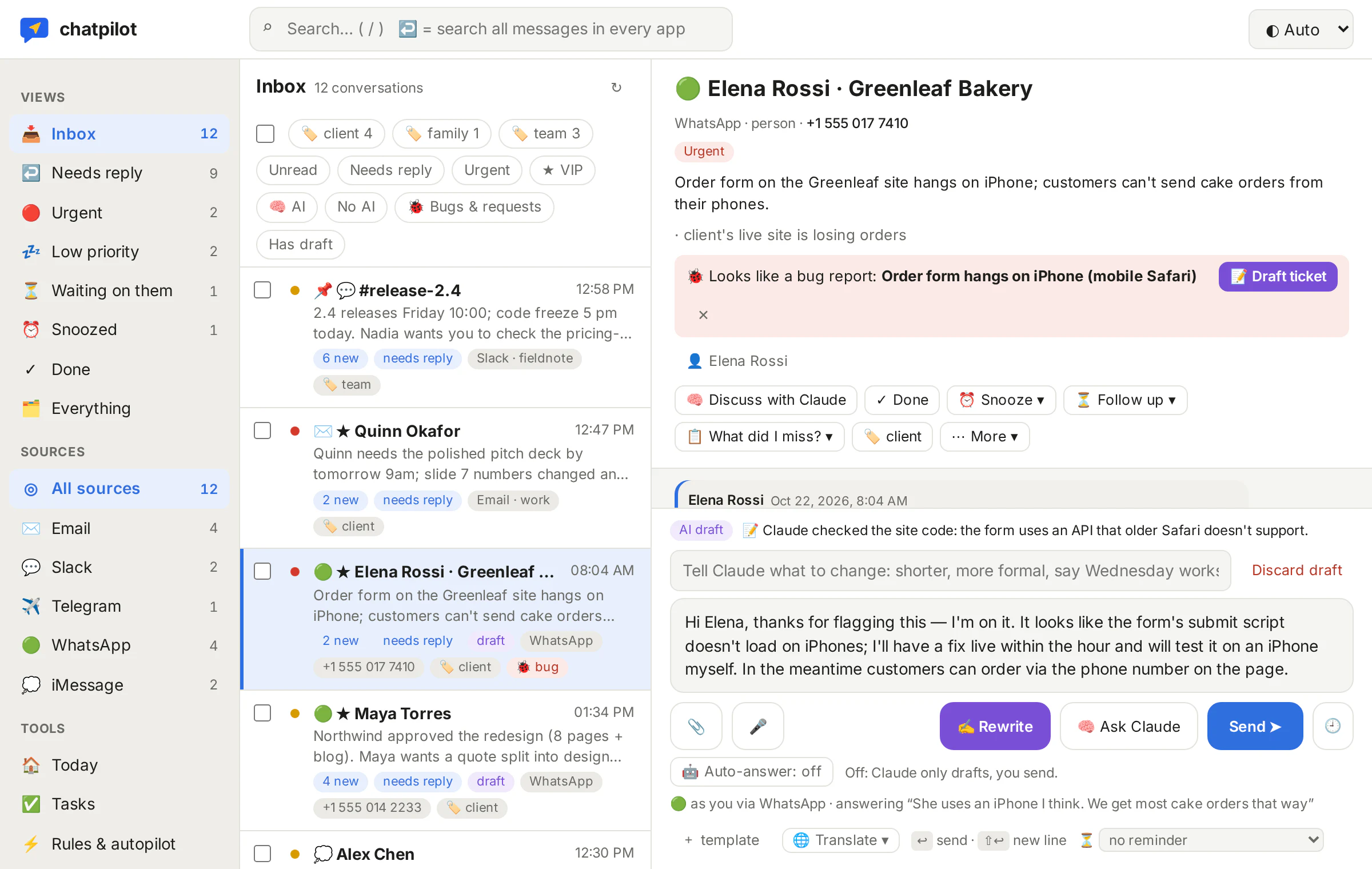 The ChatPilot inbox: chats from WhatsApp, Telegram, Slack and email in one list, each sorted as urgent, needs reply or low, with a one-line summary.