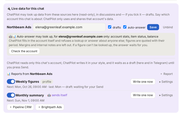 Live data for this chat: a bound system with its account