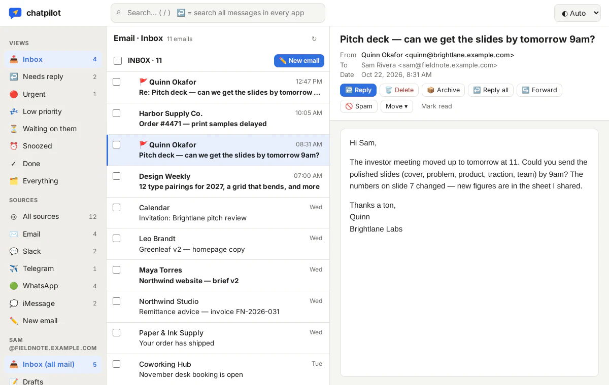 The ChatPilot mail client with account folders and an open email.