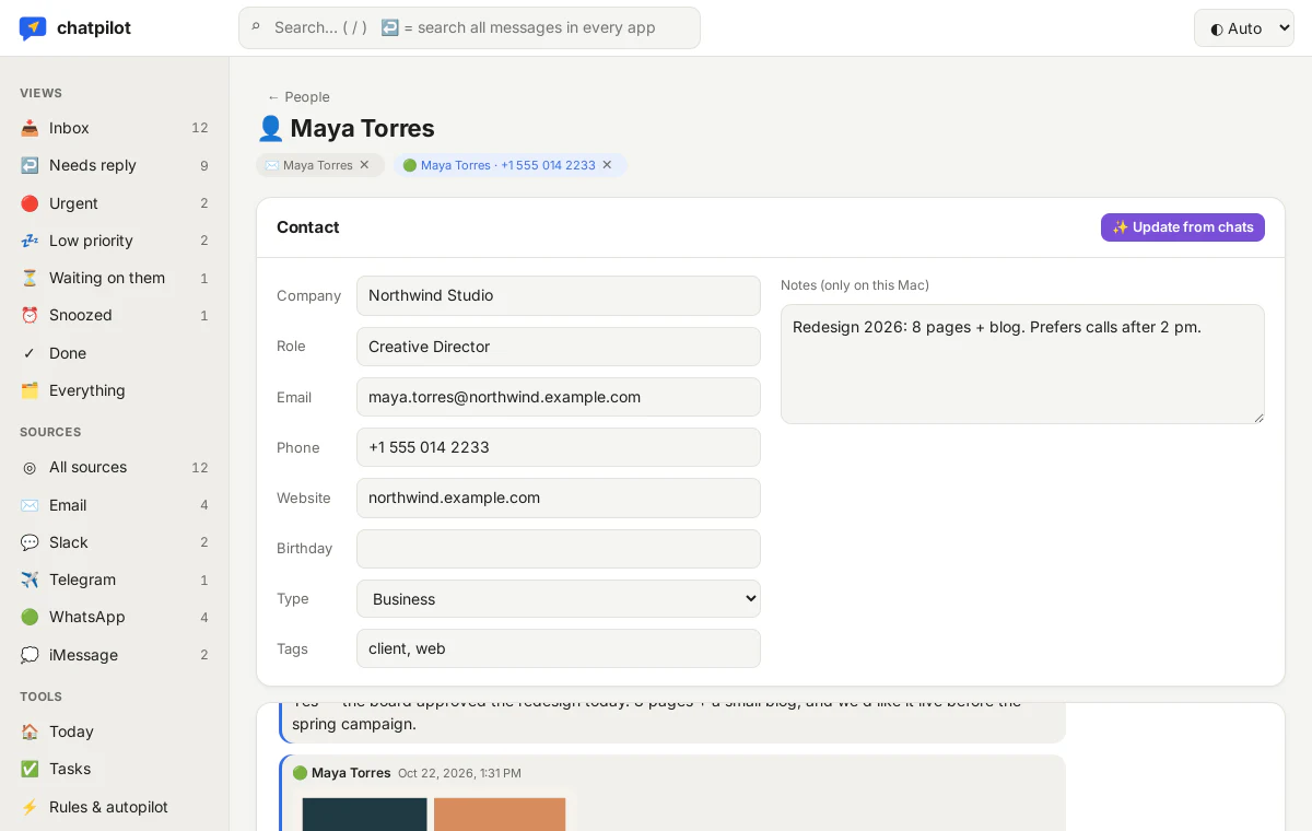A contact linked across WhatsApp and email, with contact details.