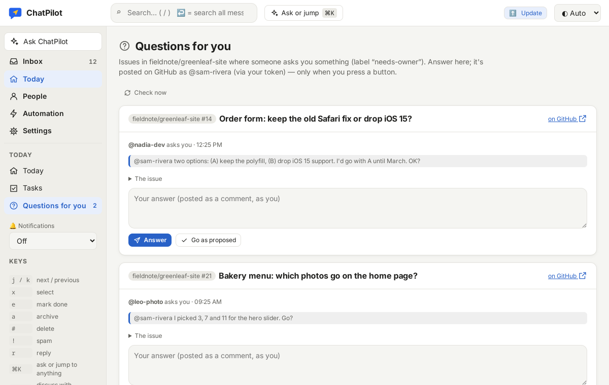 The Questions for you page: two GitHub issues where someone asks you something, each with an answer box and Go as proposed.