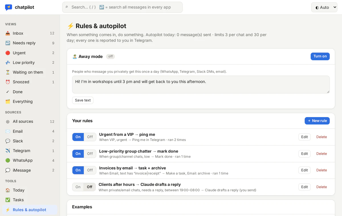 The Rules page with an away mode and four rules.