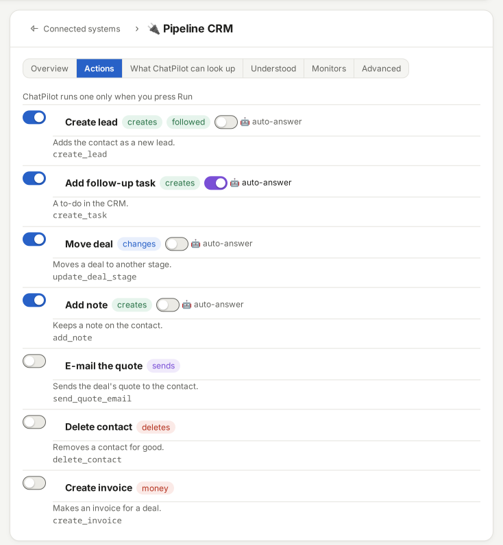 Settings → Connected systems: a system with what ChatPilot can look up and its actions
