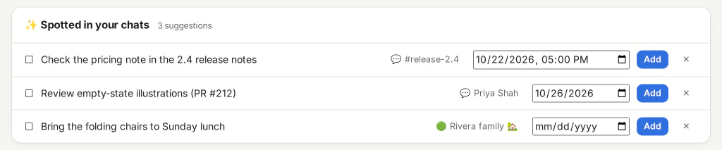 The Tasks page: tasks Claude spotted in chats, plus overdue, today and upcoming tasks.